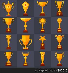 Winner trophy gold cups flat vector icons for sports victory concept. Sport award and prize, trophy cup illustration. Winner trophy gold cups flat vector icons for sports victory concept