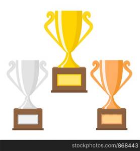 Winner trophy gold, silver and bronze cups flat vector icons for sports victory concept. Sport award and prize, trophy cup illustration