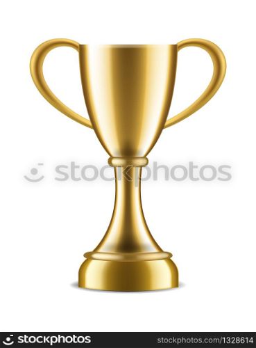 Winner trophy. Sport award for champion victory congratulations, realistic 3d gold vector cup goblet on white background. Winner trophy. Sport award for champion victory congratulations, realistic 3d gold vector cup on white background