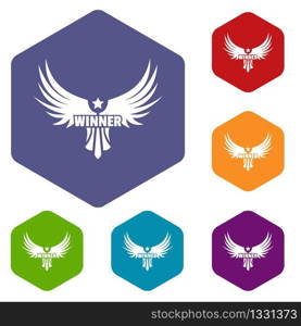 Winner wing icons vector colorful hexahedron set collection isolated on white . Winner wing icons vector hexahedron