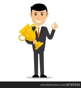Winners businessman character. First winner hold the trophy. Business concept. Vector illustration.