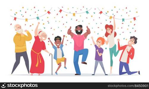 Winners people. Happy characters successful excited team jumping and celebrating victory exact vector cartoon background. Illustration of people winner and get achievement. Winners people. Happy characters successful excited team jumping and celebrating victory exact vector cartoon background