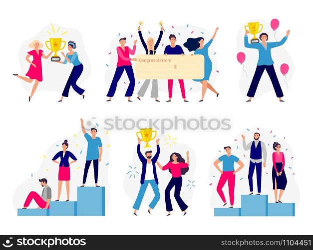 Winners people. Happy couple win gold cup, office workers team win cash check and successful winner standing on podium. Teamwork employee reward. Flat isolated vector illustration icons set. Winners people. Happy couple win gold cup, office workers team win cash check and successful winner standing on podium flat vector illustration set