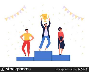 Winners people. Office workers team, successful winner standing on podium. Man winning first place holding trophy and celebrating on pedestal, coworkers having reward vector illustration. Winners people. Office workers team, successful winner standing on podium. Man winning first place holding trophy