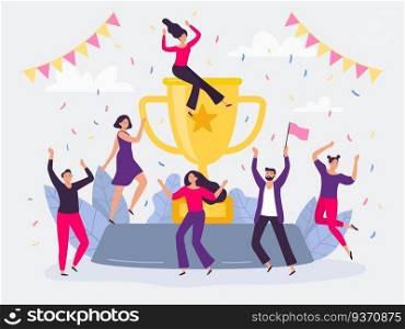 Winners team. Happy people win golden cup, successful ch&ions dancing and celebrating victory. Corporative winning award trophy, success team or teamwork wins flat vector illustration. Winners team. Happy people win golden cup, successful ch&ions dancing and celebrating victory flat vector illustration