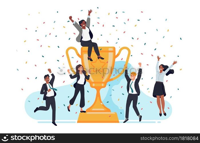 Winners team. Tiny businessmen and women with big gold trophy cup, happy office stuff characters, successful people group or leadership in teamwork and winning vector concept. Winners team. Tiny businessmen and women with big gold trophy cup, happy office stuff characters, successful people group. Vector concept