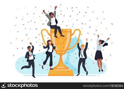 Winners team. Tiny businessmen and women with big gold trophy cup, happy office stuff characters, successful people group or leadership in teamwork and winning vector concept. Winners team. Tiny businessmen and women with big gold trophy cup, happy office stuff characters, successful people group. Vector concept