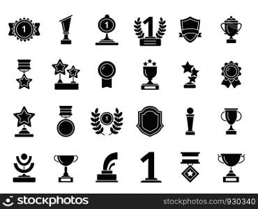Winners trophies icons. Cups awards medals with ribbons vector black silhouettes isolated. Illustration of cup and prize, victory championship. Winners trophies icons. Cups awards medals with ribbons vector black silhouettes isolated