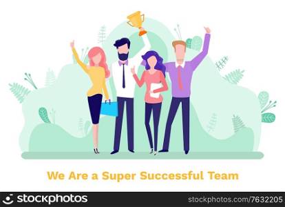 Winners workers holding award, man and woman employees standing together. Business cooperation and success, teamwork strategy, company leadership. Vector illustration in flat cartoon style. Business Success, Winners Collaboration Vector