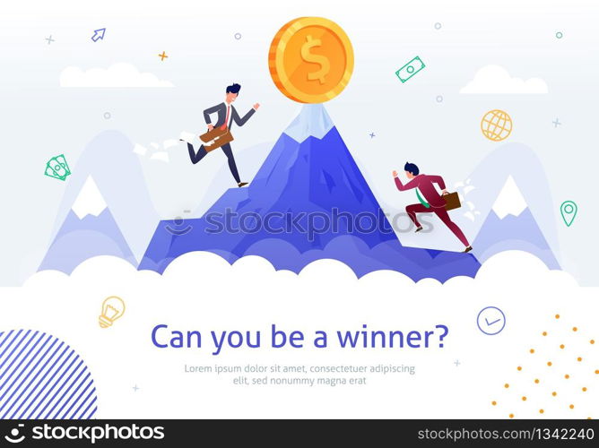 Winning Business Competition, Reaching High Financial Results Flat Vector Banner Template with Businessmen Running on Mountain Top, Trying Overcome Competitor, Getting Career Achievement Illustration