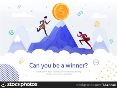 Winning Business Competition, Reaching High Financial Results Flat Vector Banner Template with Businessmen Running on Mountain Top, Trying Overcome Competitor, Getting Career Achievement Illustration