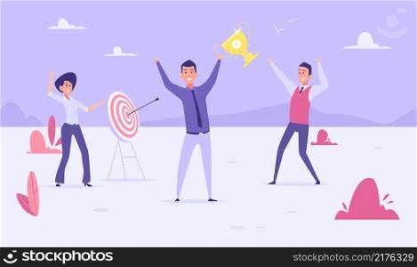 Winning businessman. Team leader, office winner group. Happy people, man holding gold trophy vector illustration. Winner success with cup, prize and award trophy. Winning businessman. Team leader, office winner group. Happy people, man holding gold trophy vector illustration