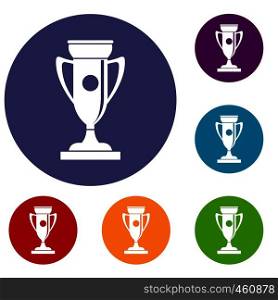 Winning cup icons set in flat circle reb, blue and green color for web. Winning cup icons set