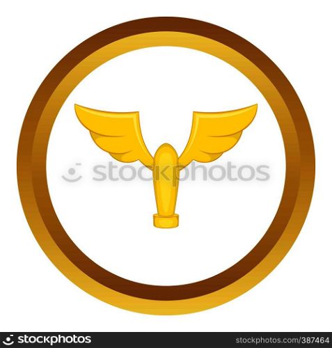 Winning cup with wings vector icon in golden circle, cartoon style isolated on white background. Winning cup with wings vector icon