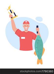Winning fishing tournament 2D vector isolated illustration. Happy amateur fisherman with huge carp flat character on cartoon background. Summertime activity. Catching massive fish colourful scene. Winning fishing tournament 2D vector isolated illustration