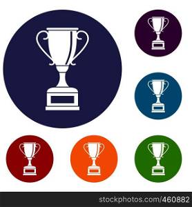 Winning gold cup icons set in flat circle reb, blue and green color for web. Winning gold cup icons set