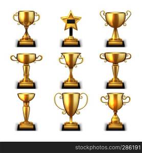 Winning golden trophy cups and sports awards vector collection isolated on white background. Cup golden achievement, victory and prize sport illustration. Winning golden trophy cups and sports awards vector collection isolated on white background