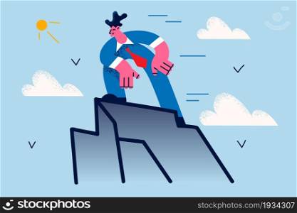 Winning in business, success, achievement concept. Young smiling businessman cartoon character standing on top peak of hill looking confident feeling proud vector illustration . Winning in business, success, achievement concept