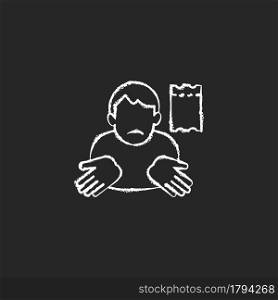 Winning lottery ticket loss chalk white icon on dark background. Unclaimed lotto prize. Protect ticket from damage. Refuse paying winning jackpot. Isolated vector chalkboard illustration on black. Winning lottery ticket loss chalk white icon on dark background