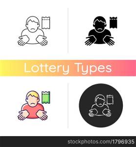 Winning lottery ticket loss icon. Unclaimed lotto prize. Protect ticket from damage. Lodging appeal. Refuse paying winning jackpot. Linear black and RGB color styles. Isolated vector illustrations. Winning lottery ticket loss icon