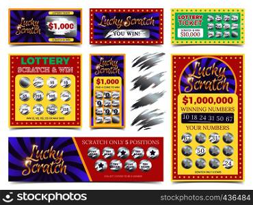 Winning lotto tickets and scratch cards vector set. Win game in lottery illustration. Winning lotto tickets and scratch cards vector set