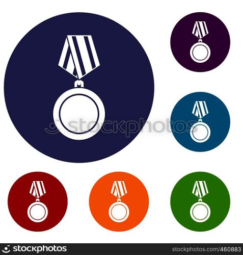 Winning medal icons set in flat circle reb, blue and green color for web. Winning medal icons set
