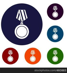 Winning medal icons set in flat circle reb, blue and green color for web. Winning medal icons set