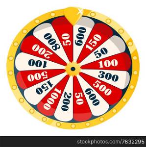 Winning money by gambling, isolated roulette with segments and options. Wheel with colored choices and numbers gamblers success. Vector illustration in flat cartoon style. Fortune Wheel with Numbers and Winning Sums