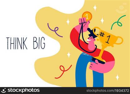 Winning, success and think big concept. Young smiling man leader cartoon character standing holding first golden trophy in hands vector illustration . Winning, success and think big concept.