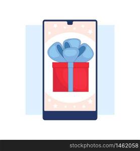 Winning the prize draw. Gift box on the smartphone screen.Flat linear stock vector illustration