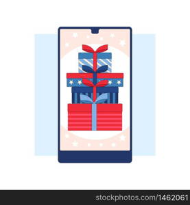 Winning the prize draw. Gift boxes on the smartphone screen.Flat linear stock vector illustration