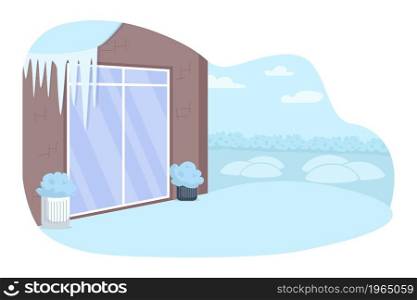 Wint home yard 2D vector isolated illustration. Icicles hanging from roof. Snow in backyard. Winter season flat scenery on cartoon background. Cold weather in suburban area colourful scene. Wint home yard 2D vector isolated illustration