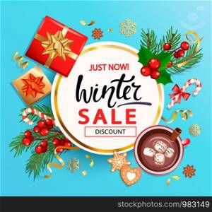 Winter 2020 sale banner,invitation card with hand drawn lettering on blue background with christmas gifts,candies,cocoa with cinnamon and marshmallow,cookie,place for text.Top view.Vector Illustration. Winter 2020 sale banner, invitation card.