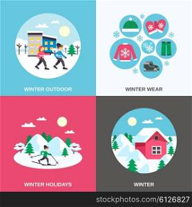 Winter 4 Flat Icons Square Banner. Winter holidays and outdoor clothing 4 flat icons square composition with skating children abstract isolated vector illustration