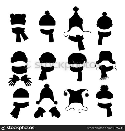 Winter accessories black silhouettes set. Winter accessories black silhouettes collection isolated on white background. Vector illustration