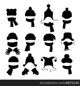 Winter accessories black silhouettes set. Winter accessories black silhouettes collection isolated on white background. Vector illustration
