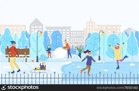 Winter activities and recreation outdoors. People figure skating on ice rink. Dad and kid sculpting snowman. Man pulling sleds with child. Park with trees and snowy ground. Vector in flat style. Winter City Park, Kids on Ice Rink Figure Skating