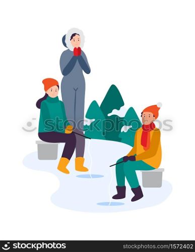 Winter activities. Family fishing together. Anglers fishing on iced pond. Girl and boy sitting on chair with rod and catching fich in hole. Characters wearing warm clothing, winter hobby vector. Winter activities. Family fishing together. Anglers fishing on iced pond. Girl and boy sitting with rod