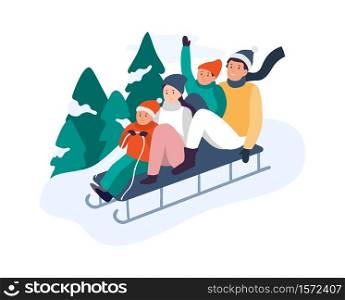 Winter activities. Happy family riding sledge down hill near snowy fir trees. Parents with kids riding sledding slide. Spending time actively and funny together on nature vector illustration. Winter activities. Happy family riding sledge down hill near fir trees. Parents with kids riding sledding slide