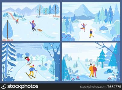 Winter activities of characters spending weekends outdoors. Man and woman competing in ski race. Couple walking in forest. Kid pulling sleds in park. Figure skating children in woods, vector. Skiing and Figure Skating, Winter Sports Activity