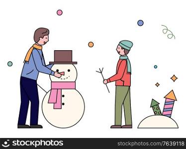 Winter activities of father and son vector. Man and boy sculpting snowman character decorating it with hat and knitted scarf. Family recreation in winter season, dad and child outdoors flat style. Father and Son Sculpting Snowman Outdoors Vector