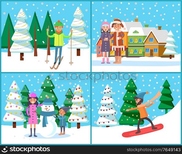 Winter activities of people, set of characters at holidays. Man and woman with cups of coffee in village with houses. Male skiing in forest. Mother with kid sculpting snowman. Guy snowboarding vector. Winter Landscape and People at Seasonal Holidays
