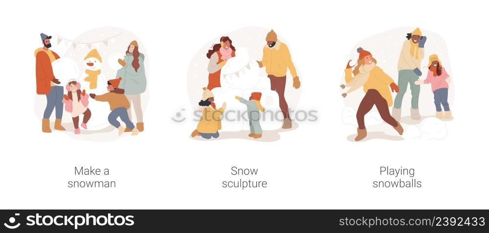 Winter activity isolated cartoon vector illustration set. Make a snowman, snow sculpture, playing snowballs, time outdoors, ice igloo, diverse family christmas holiday vector cartoon.. Winter activity isolated cartoon vector illustration set.