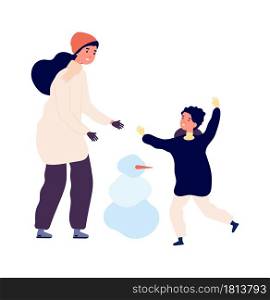Winter activity. Mother son making snowman. Happy family walking outdoor in cold weather. Seasonal outfit, holidays vacations vector illustration. Mother and kid with snowman, winter activity. Winter activity. Mother son making snowman. Happy family walking outdoor in cold weather. Seasonal outfit, holidays vacations vector illustration