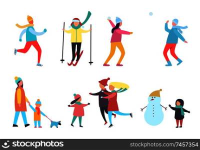 Winter activity people seasonal hobby isolated set vector. Skiing and skating, creating snowman, kids and children, family time together. Walking dog. Winter Activity People Seasonal Hobby Set Vector