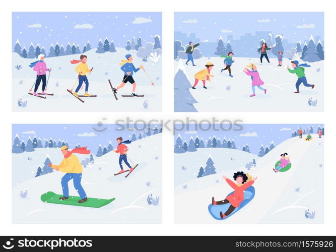 Winter activity semi flat vector illustration set. Children on sled on mountain hill. Holiday recreation, extreme sport activity. Family 2D cartoon characters for commercial use collection. Winter activity semi flat vector illustration set