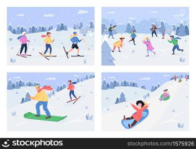 Winter activity semi flat vector illustration set. Children on sled on mountain hill. Holiday recreation, extreme sport activity. Family 2D cartoon characters for commercial use collection. Winter activity semi flat vector illustration set