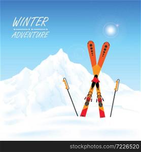 Winter adventure conceptual, winter ski resort against winter landscape, winter sport and recreation, winter holiday vacation vector illustration.