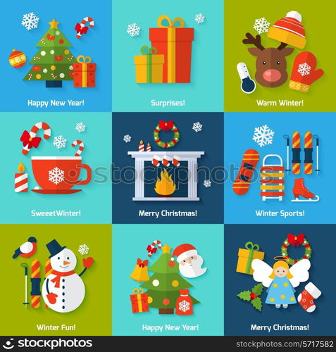 Winter and christmas concept set with happy new year surprise sports and fun elements isolated vector illustration