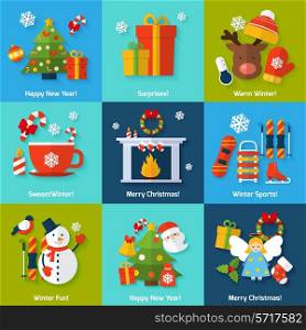 Winter and christmas concept set with happy new year surprise sports and fun elements isolated vector illustration